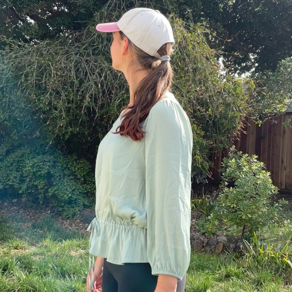Pea Green V-neck Cinched Waist Blouse